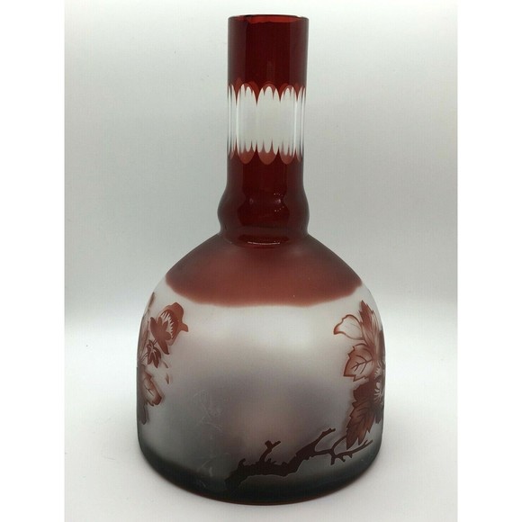 Vintage BOHEMIAN GLASS Vase Ruby Red Cut To Clear Neck & Base Frosted Floral - Picture 2 of 12